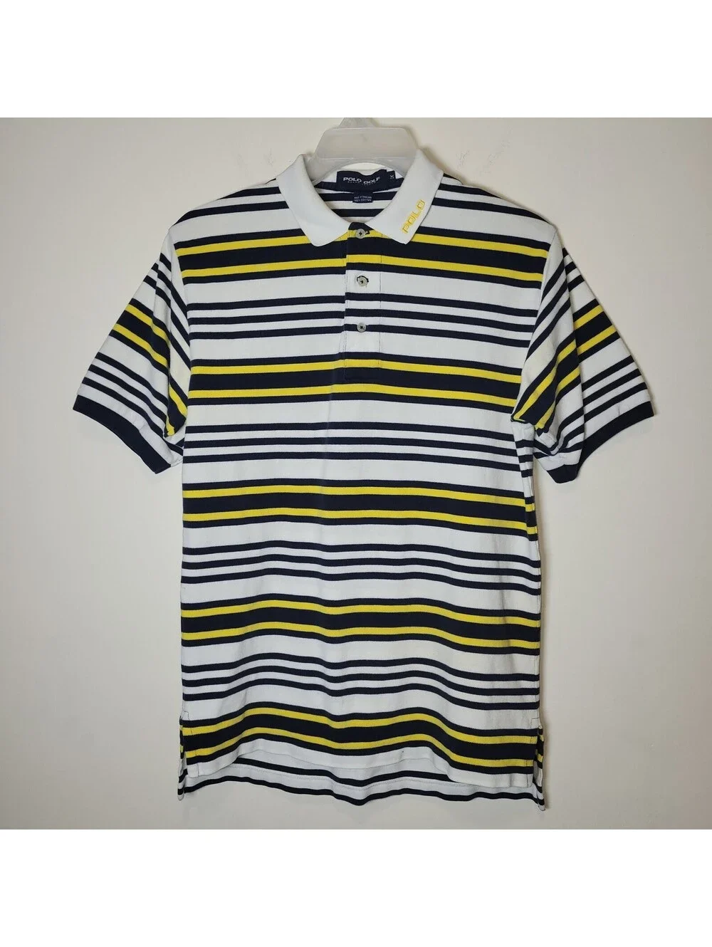 Polo Golf Ralph Lauren Men's M White Navy Blue Yellow Striped Short Sleeve Polo